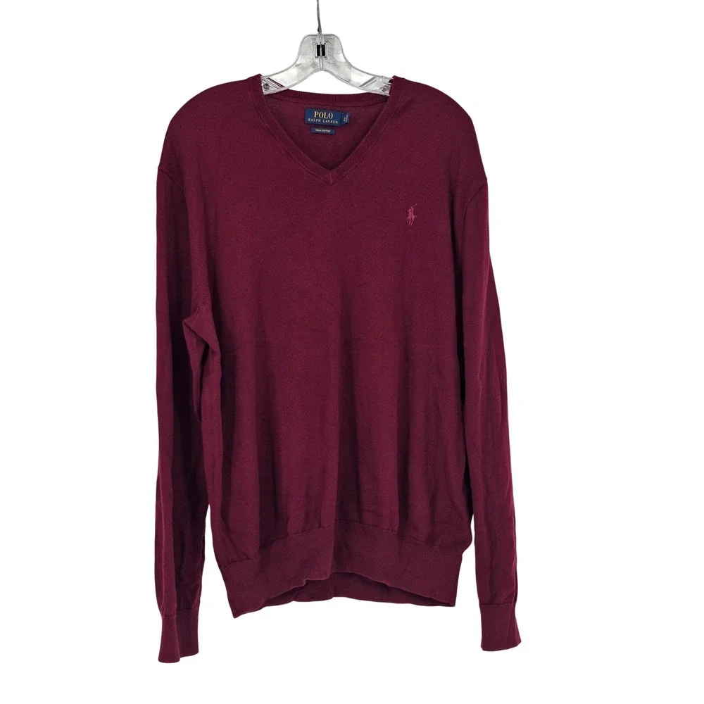 Polo Ralph Lauren Pima Cotton V-Neck Sweater XL Burgundy Preppy Old Money Pony